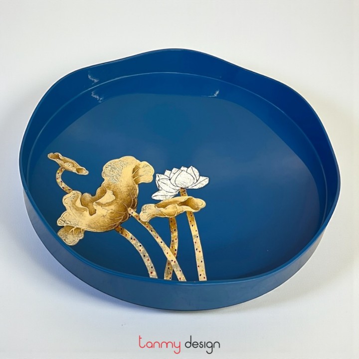 Round lacquer tray, wavy rim hand-painted with eggshell lotus 33cm ( different designs )